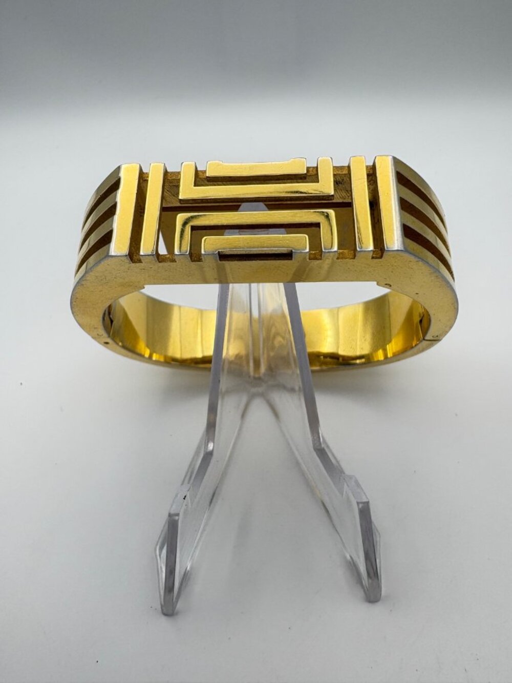 Tory Burch Hinged Cuff Bangle Bracelet Gold Tone Cutout Logo Wide Statement 2.5